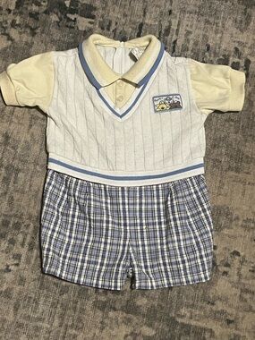 Vintage Baby Boy Romper Outfit 6-9M Peek A Boo Teddy Plaid Knit Vest One Piece